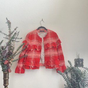 M - Zara Fringe Tweed Open Front Jacket